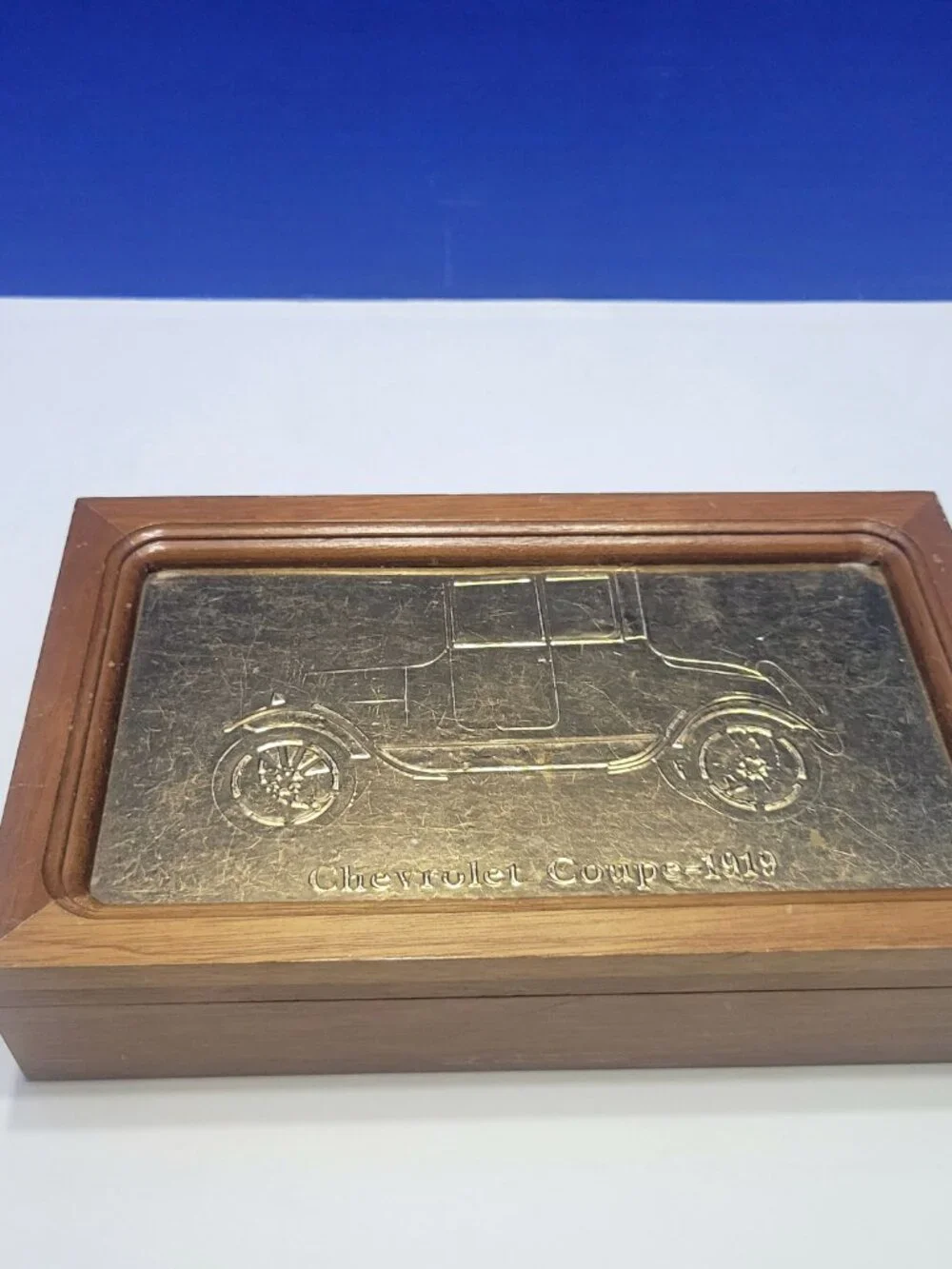 Vintage Wood Jewelry Box with Gold Embossed 1919 Chevrolet Coupe Lid